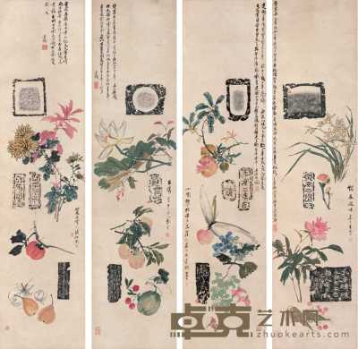 吴昌硕 朱偁 丁酉（1897年）作 博古花卉 立轴 134×33cm×4